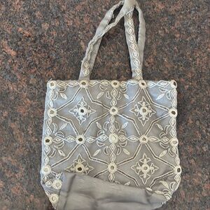 Silver silk cocktail purse embroidered mirrors chiffon handles 6” x 7”